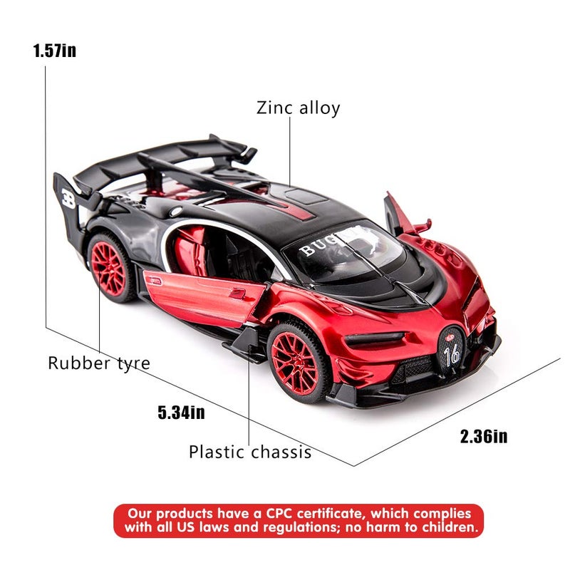 BDTCTK Bugatti Vision GT Supercar 1/32 Zinc Alloy Die Casting Pull Back Car Model Toy Sound and Light for Boy Girl Gift ï¼ˆredï¼‰ - Image 2